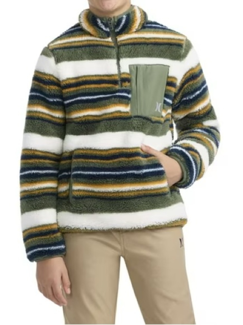 Hurley boys Striped Sherpa Pullover quarter zip sweater jacket coat medium youth